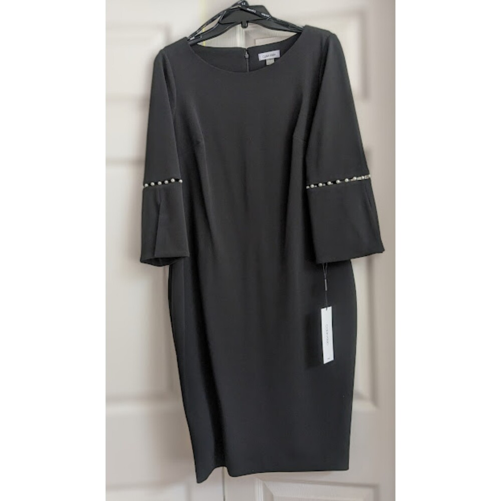 NWT Calvin Klein Imitation Pearl Trim Split Bell Sleeve Sheath Dress Size 12 - Picture 2 of 6